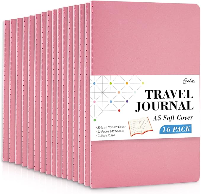 feela 16 Pack Soft Cover Journal Bulk, Lined Notebooks College Ruled for Work for Women Girl Writing, Blank Travel Journal Note Taking Notebook School Business Supplies, 8.2” x 5.5”, A5, Pink