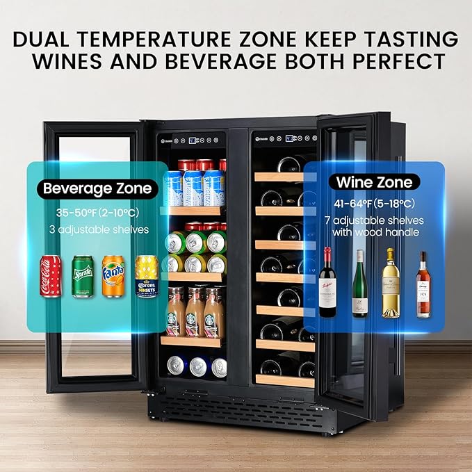 24 Inch Wine and Beverage Refrigerator Under Counter, Dual Zone Black Beverage Fridge with Glass Door&Lock,20 Bottles & 88 Cans Wine and Beverage Cooler, Freestanding Mini Fridge for Bedroom Home
