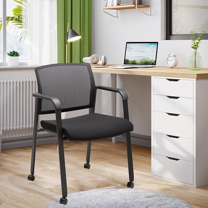 CLATINA Mesh Back Guest Reception Arm Chairs with Wheels, Waiting Room Chairs with Upholstered Fabric Seat and Ergonomic Lumbar Support for Office