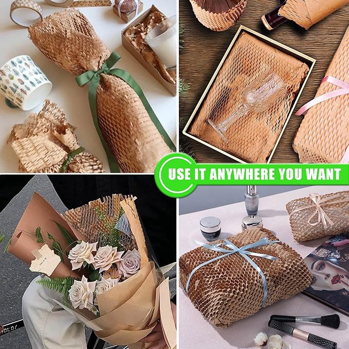 Honeycomb Packing Paper, MINHAO 15"x230' Eco Friendly Packing Paper for Moving Recyclable Honeycomb Paper Moving Supplies Bubble Paper Wrapping Protective Roll, With 36 Fragile Sticker Labels