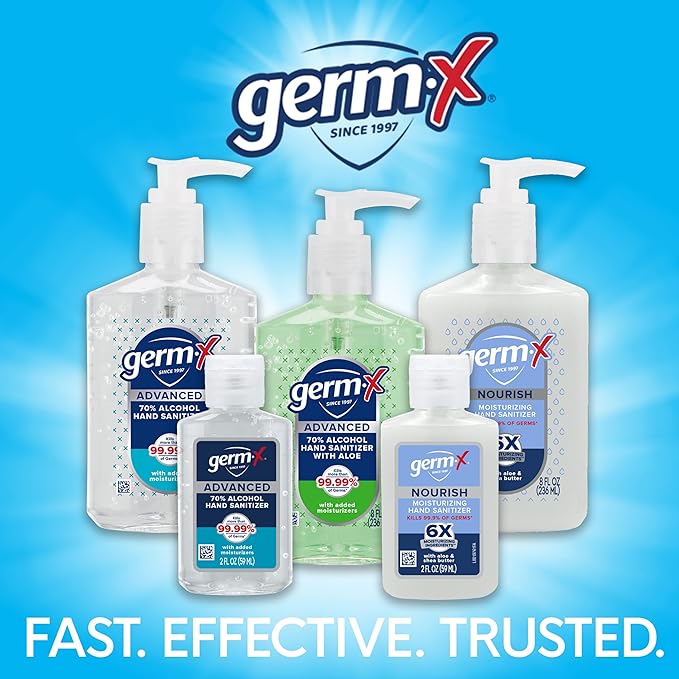Germ-X Advanced Hand Sanitizer, Back to School Supplies College, Non-Drying Moisturizing Clear Gel, Instant and No Rinse Formula, Mini Travel Size for On-The-Go, 2 Fl Oz (Pack of 6)