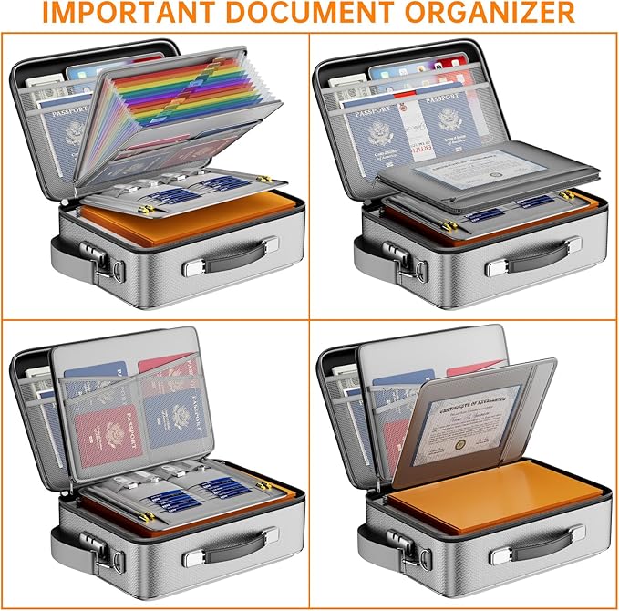 DocSafe Fireproof Document Box with Lock, Hard Case File Organizer with Accordion File Folder, Fireproof Water Resistant Safe Box Home Office Travel Storage for Important Documents Laptop Silver