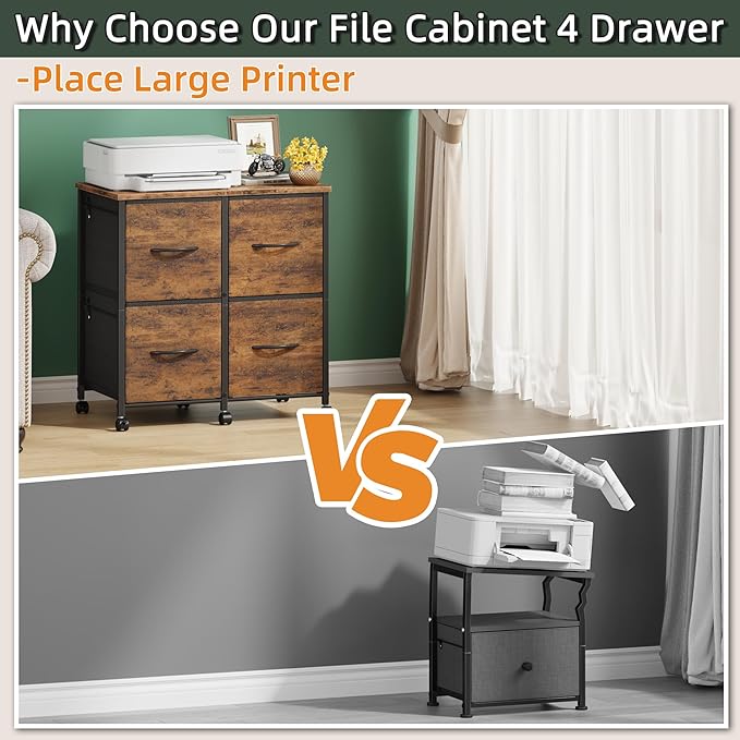 4 Drawer Lateral File Cabinet, Mobile Filing Cabinet for Large Printer, Home Office Functional Small Office Storage Cabinet & Printer Stand, Fabric Drawer, Fits Letter/A4, Rustic Brown