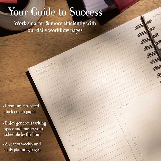 Anecdote 2025 Planner (8.5" x 10") Daily Planner Weekly Monthly Planner - 52 Weeks w/Library Buckram Cover, Brass Spiral - A4 Size Bleed-Resistant Paper – Red