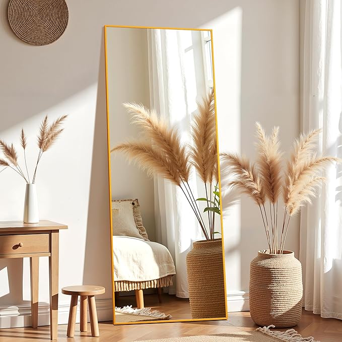 64"×21" Aluminum Gold Frame Full Length Mirror, Large Full Length Mirror for Home Decor, Shatter-Proof Glass Floor Mirror with Stand, Free Standing, Leaning Against Mirror for Bedroom Decor, Gold