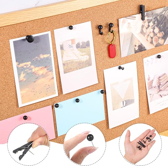 200 Pieces Push Pins Thumb Tacks Black Push Pins for Cork Board, 5 Style for Bulletin Boards Wall Maps Pictures Office Home Supplies