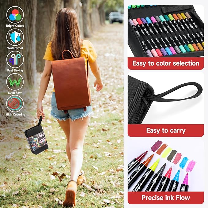 Acrylic Paint Markers,72 Colors Dual Tip Acrylic Paint Pens with Brush and Fine Tips for Rock Painting,Glass,Wood,Ceramic,Canvas,Stone, Vibrant Color Ideal for Artists, Crafters, DIY Projects