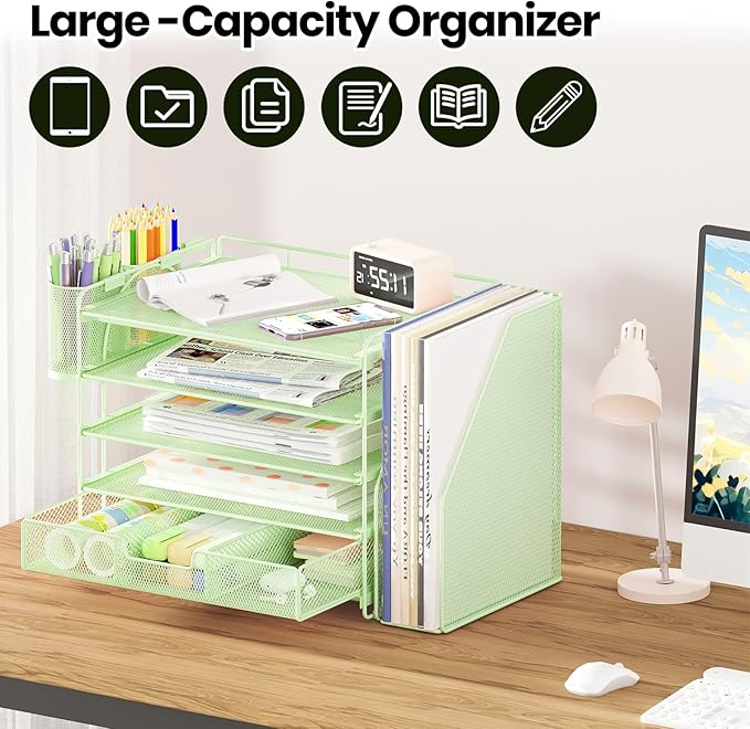 Desk Organizers and Accessories, 5-Tier Paper File Organizer with Drawer & Pen Holder, Office Desk Accessories Workspace Desktop Organizer for Office Supplies((Green)