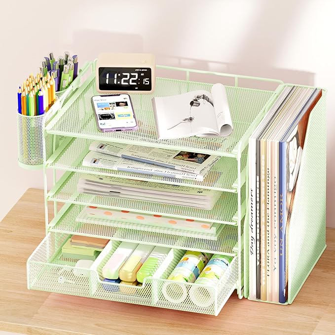 Desk Organizers and Accessories, 5-Tier Paper File Organizer with Drawer & Pen Holder, Office Desk Accessories Workspace Desktop Organizer for Office Supplies((Green)