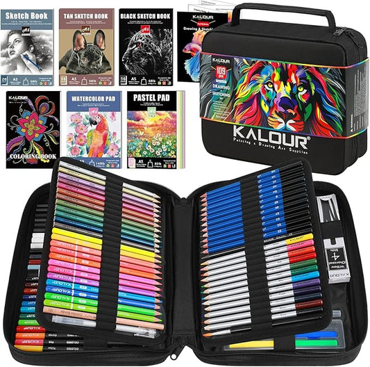 109 Drawing Set Sketching Kit, Pro Art Supplies with Fluorescent, Colored, Watercolor, Metallic, Graphite, Charcoal Pencils, 5 Sketchbook and Coloring Book, Gift for Artists Adults Teens Beginner