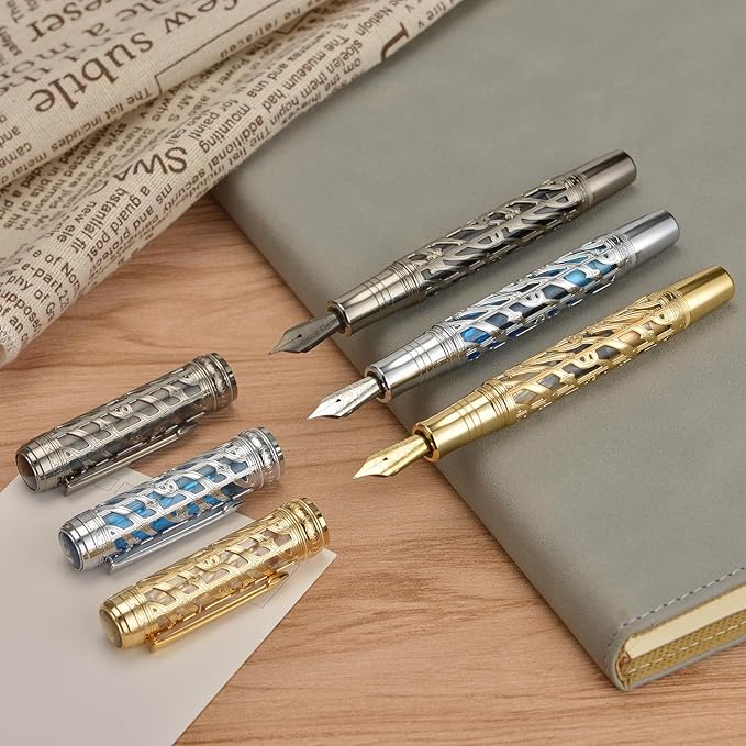 Hongdian A6 Piston Fountain Pen Fine Soft Nib, Jet Black Hollow Skeleton & Resin Pen with Metal Case Set