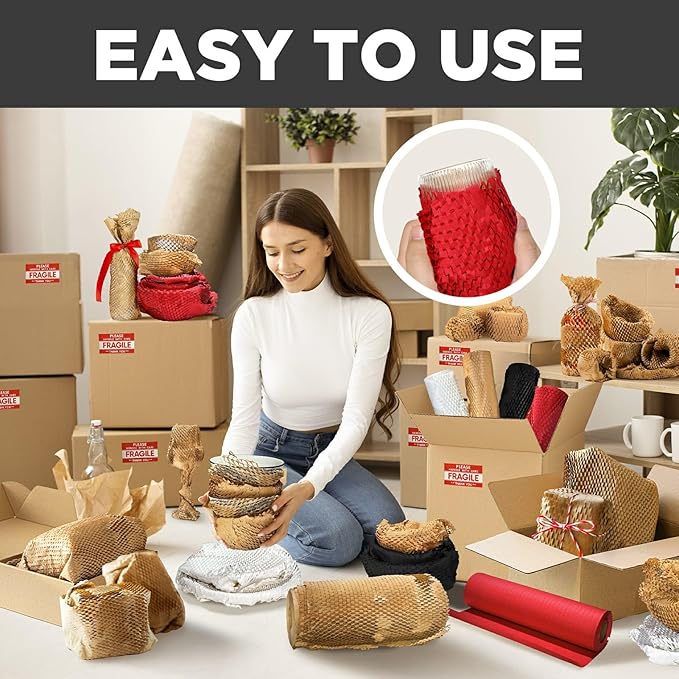 Honeycomb Packing Paper, 12"x400' Red | Perforated Honeycomb Packing Paper Recyclable Moving Supplies for Shipping & Moving | Plastic-Free Alternative to Bubble Cushion Wrap with 36 Fragile Stickers