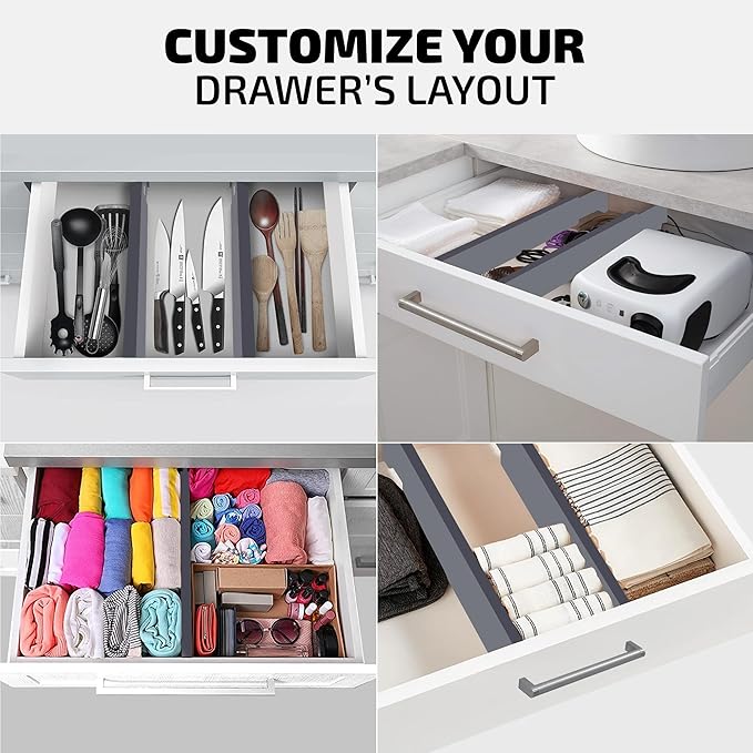 4 Pack Drawer Dividers Bamboo 2.6" High, 16-22" Adjustable Drawer Organizers for Clothes, Expandable Dresser Separators in Bedroom/Bathroom/Kitchen/Office Organization and Storage (Grey)