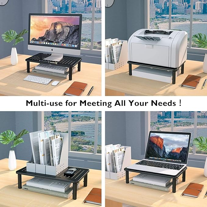 BONTEC 2 Pack 3 Height Adjustable Monitor Stand Riser with Pen Holder, Ergonomic Metal Laptop Stand with Cable Management, Desktop Stand for Computer, Printer, Monitor, Laptop, Black Steel, 14.5 in