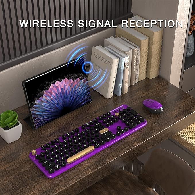 Colorful Wireless Computer Keyboard and Mouse Combo with Round Typewriter Keycaps, Retro Design, Power Switch, Ergonomic Design, 2.4GHz Wireless for Windows, Mac, PC(Black-Purple)