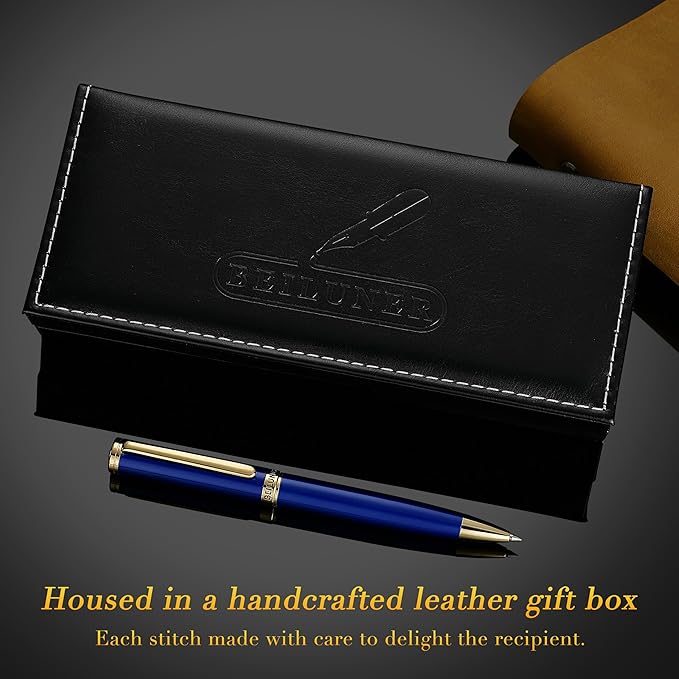 BEILUNER Blue Lacquer Gel Pen - Stunning Luxury Pen with 24K Gold Finish, ADMOK Black Refill, Executive Gift Set for Family & Friends, Writing, Fancy, Office, Retractable Pens