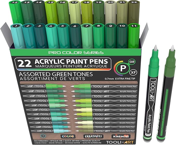 Acrylic Paint Pens 22 Green Tones Assorted Pro Color Series Markers Set 0.7mm Extra Fine Tip for Rock Painting, Glass, Mugs, Wood, Metal, Canvas, Projects, Non Toxic, Waterbased, Quick Drying