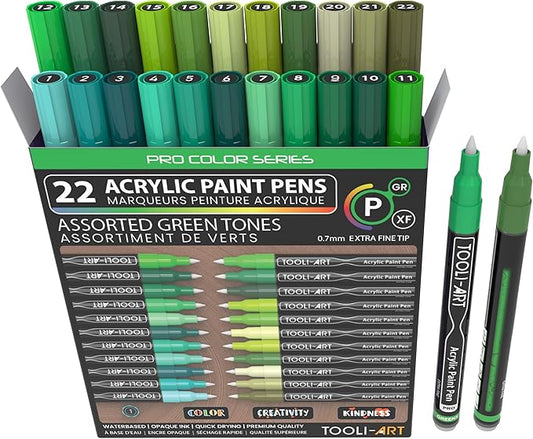 Acrylic Paint Pens 22 Green Tones Assorted Pro Color Series Markers Set 0.7mm Extra Fine Tip for Rock Painting, Glass, Mugs, Wood, Metal, Canvas, Projects, Non Toxic, Waterbased, Quick Drying