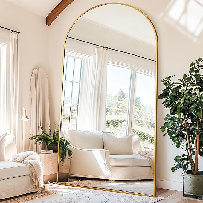 Antok Full Length Mirror, 91"x46" Oversized Floor Mirror Freestanding, Full Body Floor Standing Mirror with Stand, Hanging Mounted for Living Room Cloakroom,Gold,Arched Style