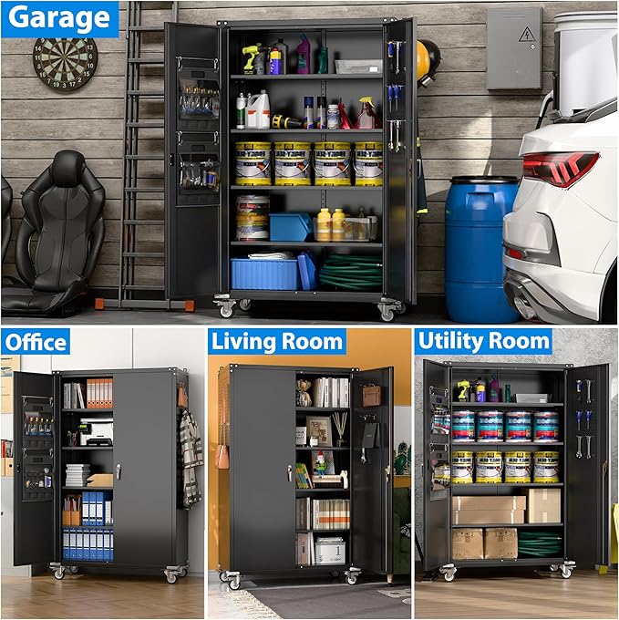 Aobabo Upgraded Wide & Deep Garage Storage Cabinet with Wheels, Metal Storage Cabinet with Door Pegboards and 2 Rod for Garage Home Storage (Black, 43.3''W x 21.9''D x 72''H),Required Assembly