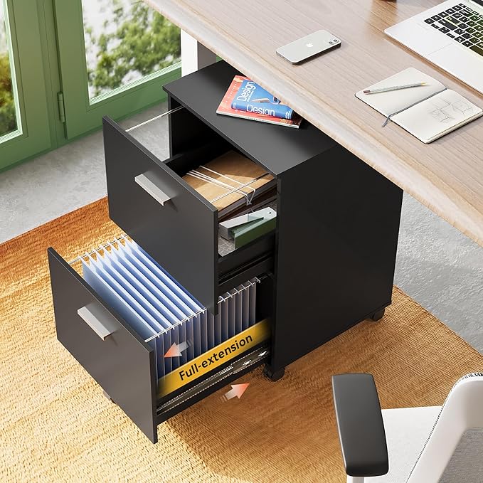 DEVAISE 2 Drawer File Cabinet, Mobile Printer Stand, Wood Filing Cabinet fits A4 or Letter Size for Home Office, Black