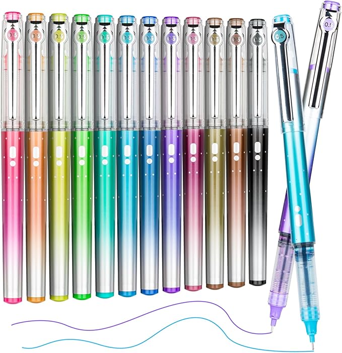 12 Colors Liquid Ink Rollerball Pens For Journaling, 0.5mm Fine Point Bible Pens, No Bleed and Quick-Dry, Smooth Writing Gel Pens for Bullet Journal and Taking Notes