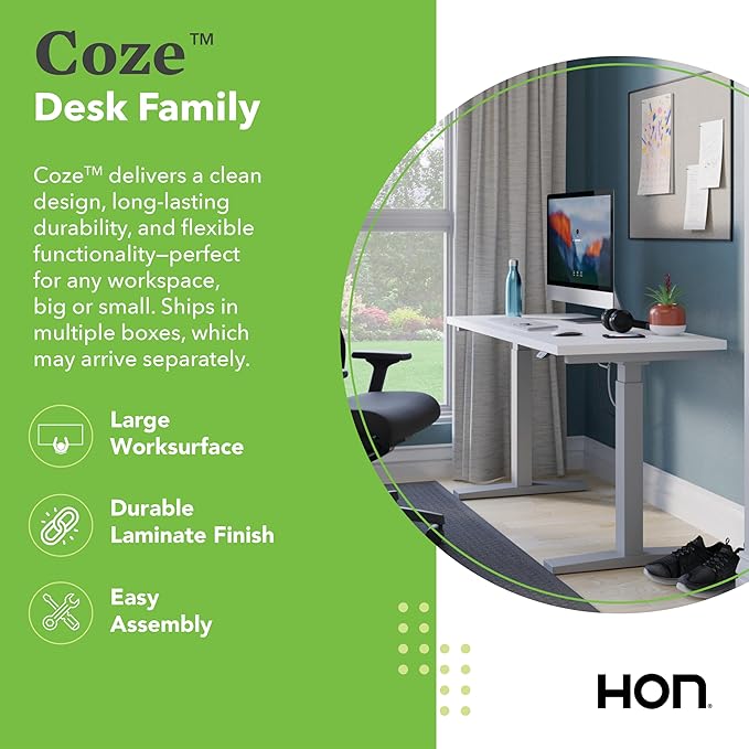 HON Coze Electric Standing Desk Adjustable Height, Coordinate Height Adjustable Desk, 54", Natural Recon Top, Silver Base