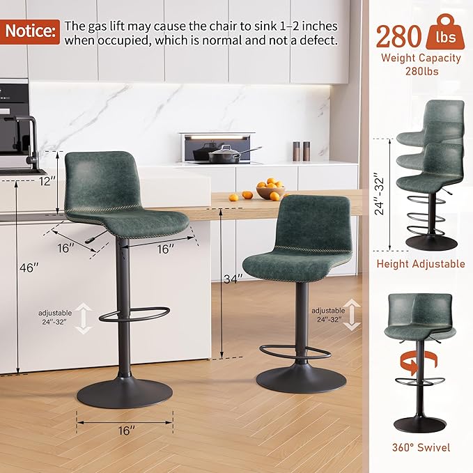 HeuGah Bar Stools Set of 6, Swivel Counter Height Barstools with Back, Adjustable Height 24" to 32", Faux Leather Bar Chairs for Kitchen Island (Deep Teal, Set of 6 (24'' to 32''))