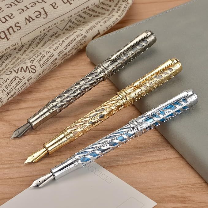 Hongdian A6 Piston Fountain Pen Extra Fine Soft Nib, Jet Black Hollow Skeleton & Resin Pen with Metal Case Set