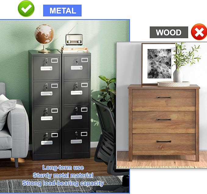 4 Drawer File Cabinet, Metal Vertical Filing Cabinet with 4 Lock,Office Home File Cabinet with Name Card Holder for A4 Letter/Legal Size, 14.96" W x 17.72" D x 55.2" H, Assembly Required(Black)