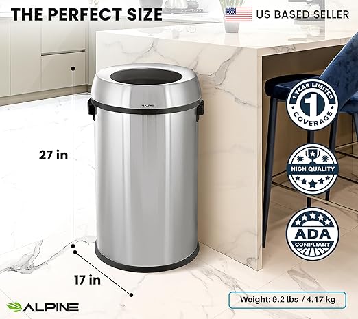 Alpine 17 Gallon Stainless Steel Open Top Trash Can – Commercial-Grade, Corrosion-Resistant, Brushed Finish, Large Capacity Garbage Bin for Home, Office, Restaurant & High-Traffic Areas.