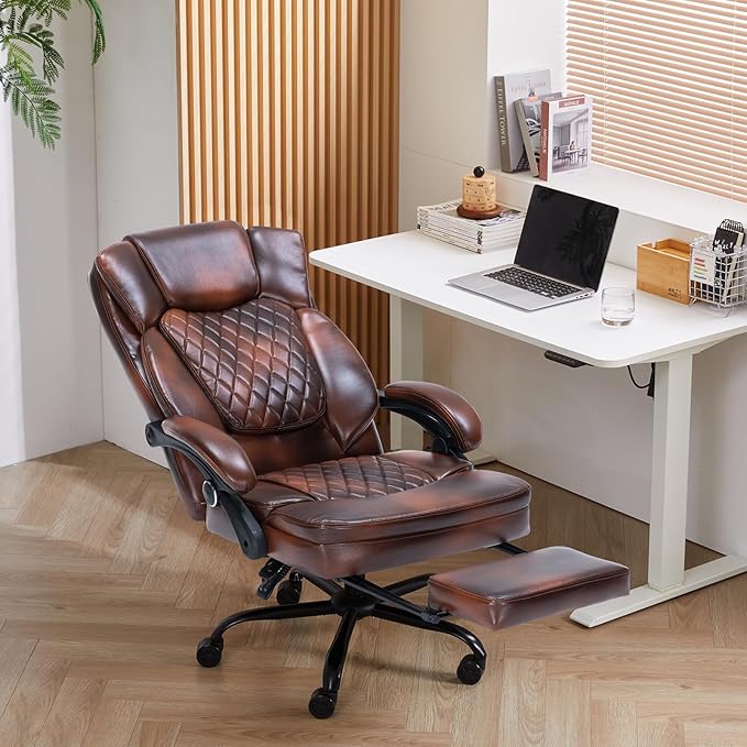 Ergonomic Office Chair with Foot Rest, Executive Chair with Footrest PU Leather Computer Chair, Big and Tall Chair Reclining Desk Chair, Thick Padded Coil Spring Seat, 400 lbs Capacity (Brown)