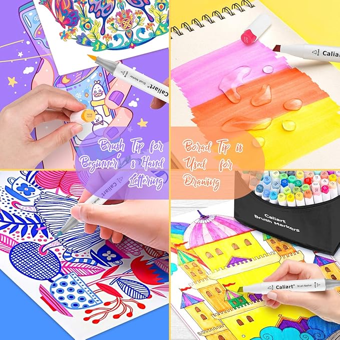 Caliart 168 Colors Brush & Chisel Alcohol Markers for Adult Coloring Book, Dual Tip Artist Sketch Art Markers, Aesthetic Cute Preppy Stuff School Supplies, Pens for Lettering Drawing Cards Planner