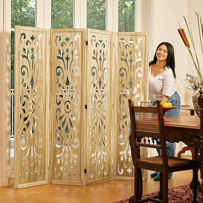 5.6Ft Room Divider Folding Wood Classical Carved Partition Screen for Home Office Garden - 4 Panels (Natural)