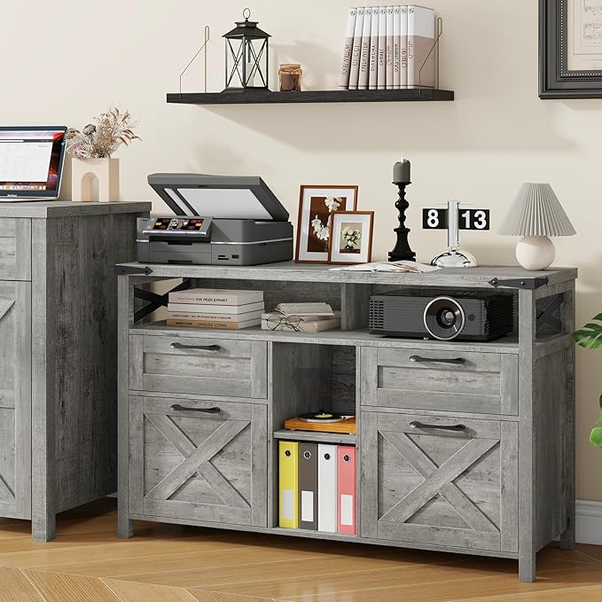 Farmhouse Filing Cabinet with Adjustable Shelf for Home Office, Lateral File Cabinets 4 Drawers with Open Storage Shelf, Filing Organization Storage Cabinets for Hanging Files Letter/A4.(Grey)