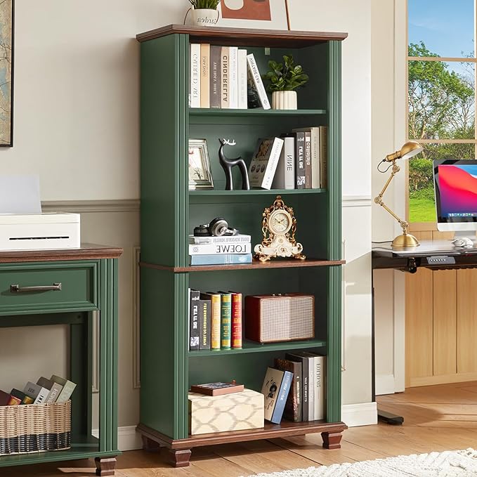 70" Tall Green Bookshelf,5 Tier Wooden Book Shelf with Adjustable Shelves & Wood Legs,Free Standing Farmhouse Bookcase with Open Display Storage,Vintage Bookshelves for Library, 2PCS