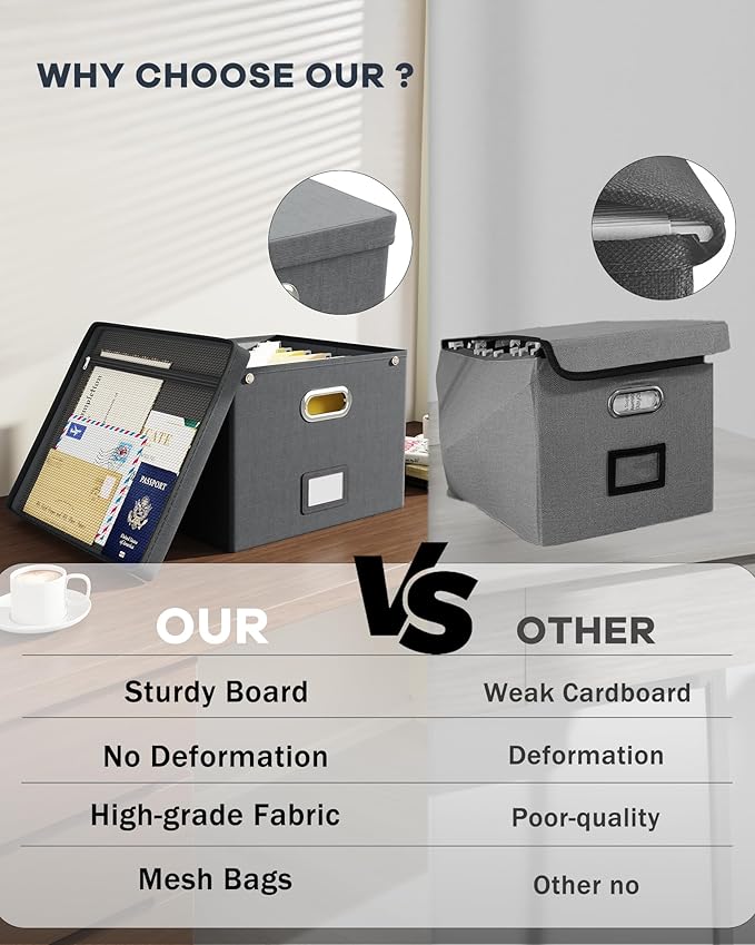 2 Pack File Organizer Box with Lid, Large Hanging Filing Box with Mesh Pocket, Document Organizer for Letter Files, Portable Storage Case for Office&Home (Dark grey)