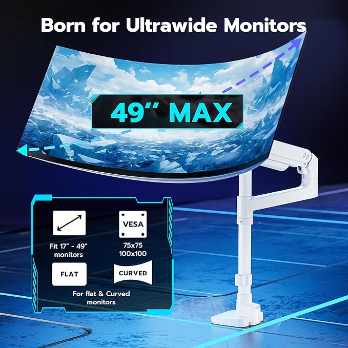 ARES WING Heavy-Duty Monitor Mount for 17-49 inches Ultrawide Curved Flat Monitors, Holds 44lbs, with Extended Column for Desk, Adjustable Gas Spring, White