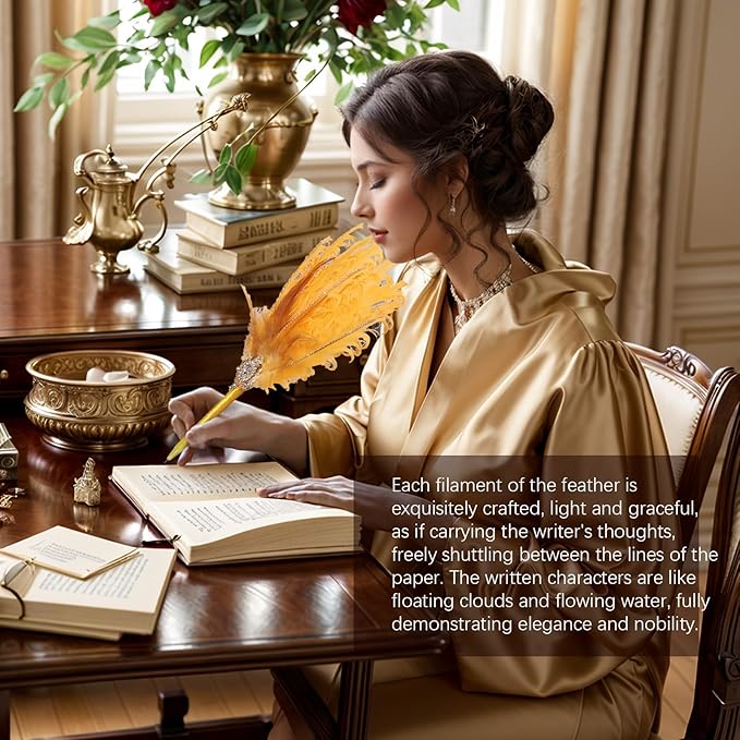 CROWN GUIDE Luxury Feather Quill Pen with Shiny Rhinestones & Curled Goose Feathers- Wedding Guest Book Pen, Great Gatsby/HP Party Supplies, Bridal Shower Gift with Rose Gold Heart Charm (13.8",Blue)