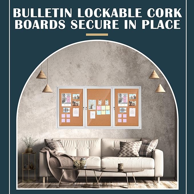 72" x 36" Enclosed Bulletin Board Outdoor 3 Door Weatherproof Tamper-Proof Enclosed Cork Board with Lock Aluminum Frame Display Case for Back to School, Office Commercial, 18xA4(Wood Color)