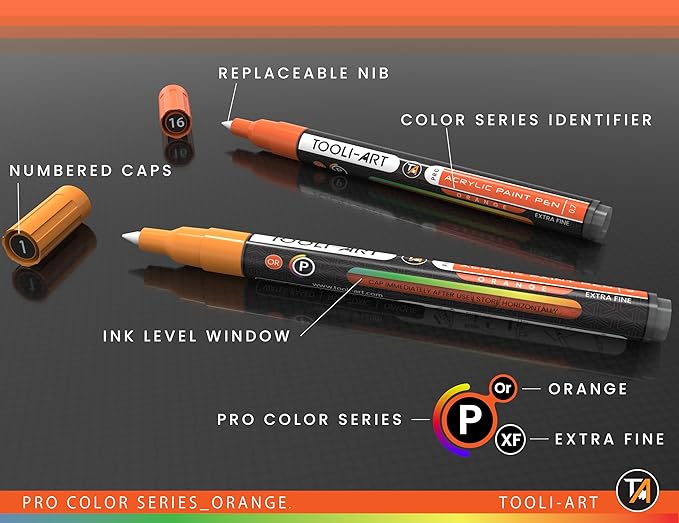 Acrylic Paint Pens 22 Orange Tones Assorted Pro Color Series Markers Set 0.7mm Extra Fine Tip for Rock Painting, Glass, Mugs, Wood, Metal, Canvas, Projects, Non Toxic, Waterbased, Quick Drying