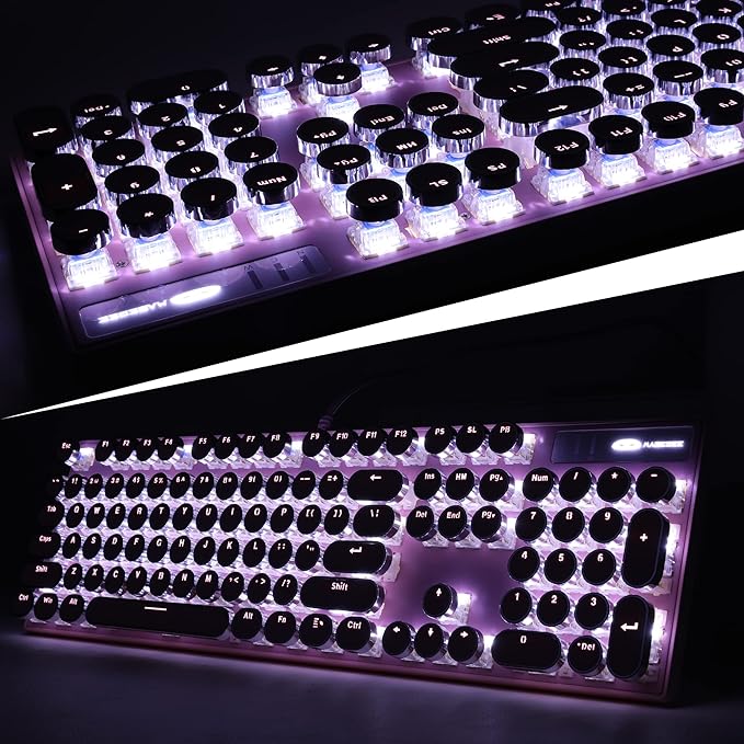 Camiysn Typewriter Style Mechanical Gaming Keyboard, Pink Retro Punk Gaming Keyboard with White Backlit, 104 Keys Blue Switch Wired Cute Keyboards, Round Keycaps for Windows/Mac/PC