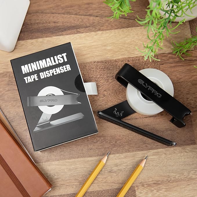 ELYPRO Modern Tape Dispenser for Office Desk - Elegant and Minimalist Design, Heavy Metal Made, Space-Saving, Perfect for Office & Home Use or as a Stylish Gift - Bonus Tape Roll Included (Black)