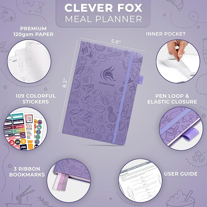 Clever Fox Weekly Meal Planner - Weekly & Daily Meal Prep Journal with Shopping and Grocery Lists for Menu Planning, Healthy Diet & Weight Loss Tracking, Lasts 1 Year, Undated, A5 - Lavender