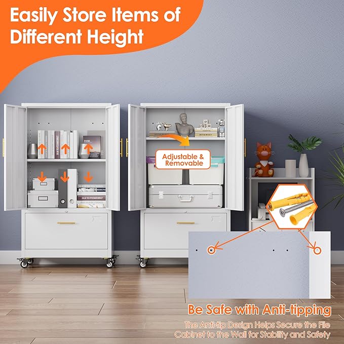 Aobabo Metal 1 Drawer Office File Cabinet with Lock and 2 Doors, Office Steel Files Cabinet with Wheels, Legal/Letter A4 Size, Assembly Required, White