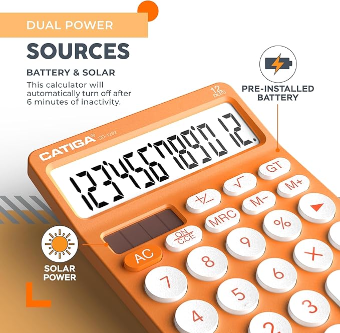 CATIGA 12 Digit Desktop Calculator Basic Desk Calculator with Large LCD Display, Big Buttons, 4 Function, Solar and Battery Dual Power, for Office, School, Home, SD-1292 Orange