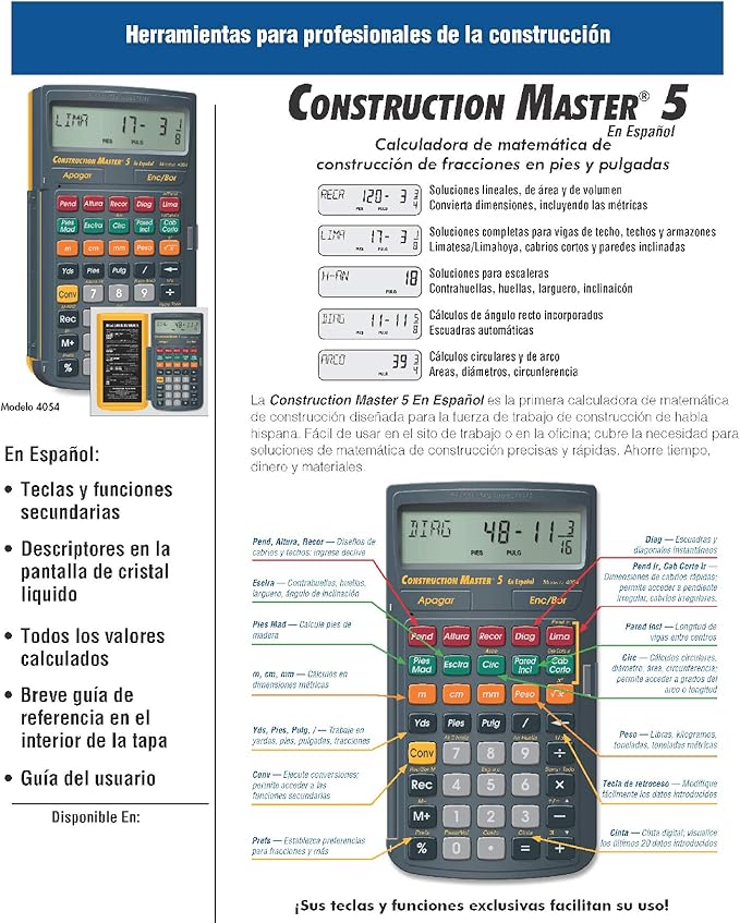 Calculated Industries 4054 Construction Master 5 en Espanol Construction Feet-Inch-Fraction Calculator for Carpenters [Calculadora de construcción con pies, pulgadas y fracciones para carpinteros]