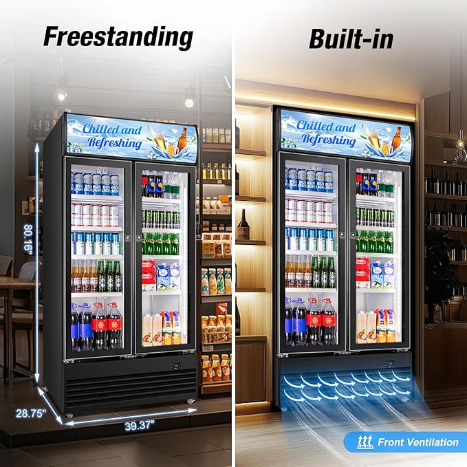 Commercial Beverage Refrigerator, 40 Inch 35 Cu.Ft. Commercial Drink Fridge, Display Refrigerator with Double Glass Door, Commercial Display Fridge with 8 Adjustable Shelves, for Shop,Restaurant,Bar