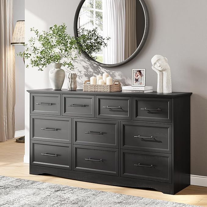Black Farmhouse Dresser for Bedroom, 10 Chest of Drawers, 59" Wide Chest of Drawers with Brushed Metal Handle, Wood Closet Organizers and Storage Cabinet for Bedroom, Living Room, Hallway