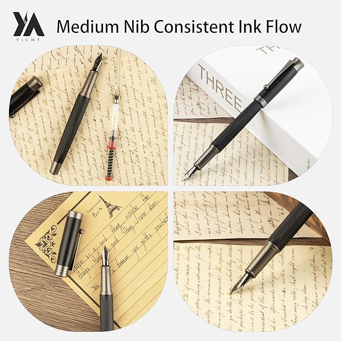 Fancy Fountain Pen Set – Fine & Medium Nibs, Includes 18 Ink Cartridges, Ink Converter, Syringe Filler, Luxury Gift for Writing, Journaling & Calligraphy，Black